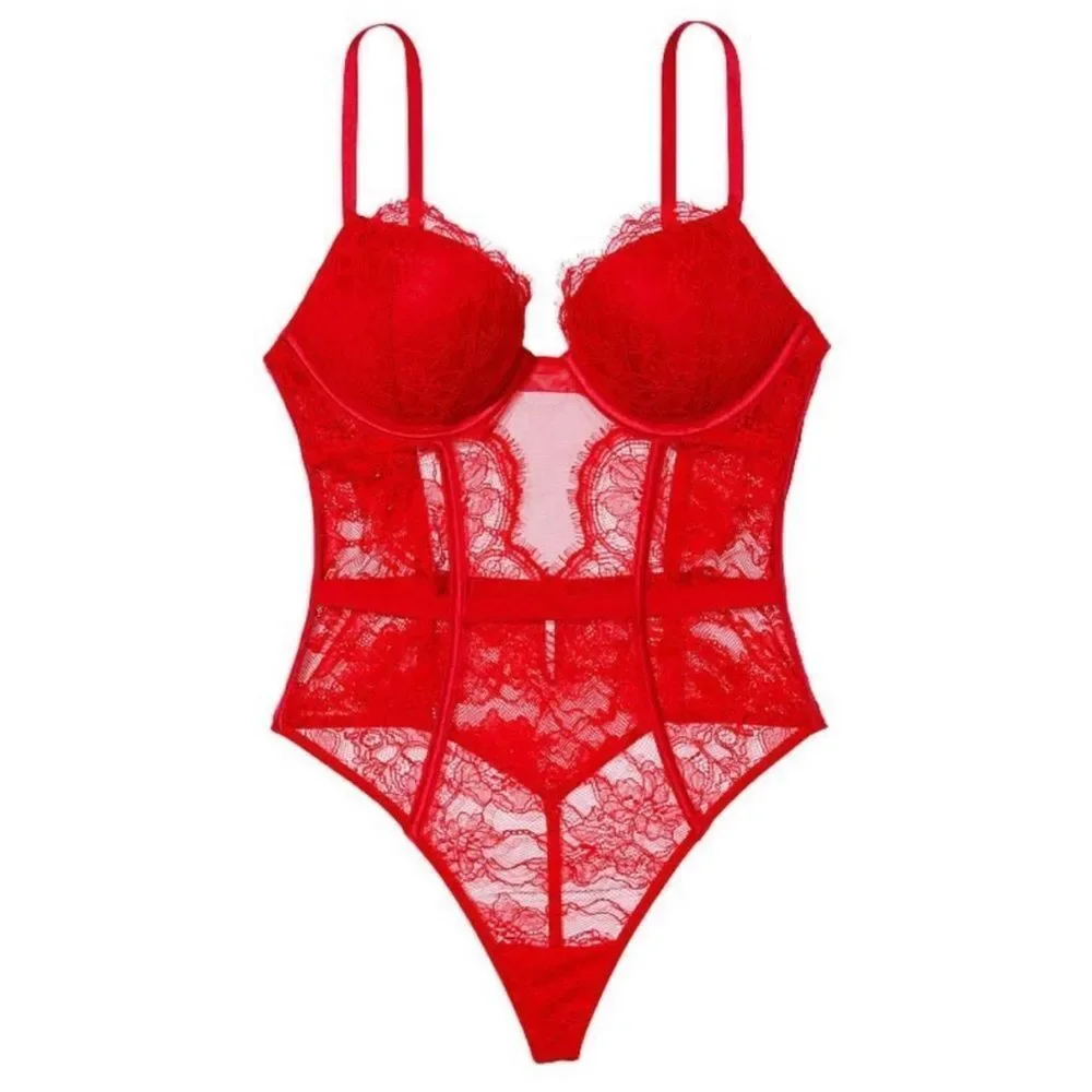 Victoria's Secret Red Bombshell Lace Teddy Lingerie Sexy Push Up Size Small NWT
